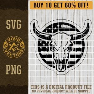 Rodeo Bull Skull SVG USA Flag Patriotic Cowboy Longhorn Texas Bull Rider Laser Engraving File Leather Hat Patch Designs Vector Logo Cut File