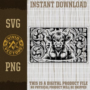 Highland Cow SVG Cute Western Cowboy Country Ranch Farm Cattle Tooled Leather Laser Engrave File Leather Hat Patch Design Vector Cut File