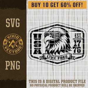 USA Eagle Aviators 1776 Live Free SVG American  Patriotic PNG Veteran Military Laser Engrave Leather Hat Patch Design Vector Logo Cut File