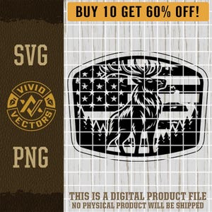 USA Flag Elk SVG Hunting Patriotic Hunter Wilderness Nature Outdoors Mountain Trees Laser Engraving Leather Hat Patch Design Vector Cut File