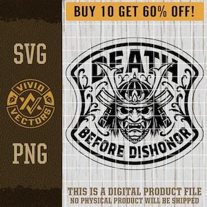 Death Before Dishonor Samurai SVG Japanse Aziatische samurai masker krijger PNG lasergravure bestand lederen hoed patch ontwerp vector logo gesneden bestand