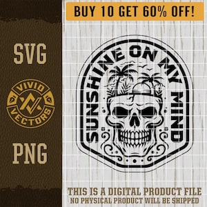 Sunshine On My Mind Skull SVG PNG Island Skull Palm Trees Tropical Summer Laser Engraving File Leather Hat Patch Design Vector Logo Cut File
