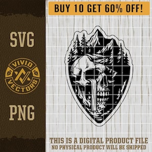 Scena naturale, teschio, natura selvaggia, campeggio, montagna, pino, foresta, file SVG per incisione laser, toppa per cappello in pelle, design, logo vettoriale, file di taglio