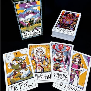 May include: A tarot card deck featuring colorful illustrations of various characters and scenes. The cards include titles such as "The World," "The Emperor," "The Fool," "Magician," "High Priestess," and "The Empress." The deck is displayed with a box and a stack of cards.