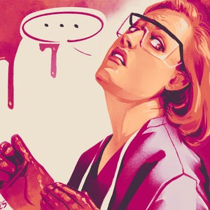 Könnte beinhalten: Digitale Illustration einer Person mit Brille, die mit besorgtem Gesichtsausdruck nach oben blickt. Das Kunstwerk zeigt eine Sprechblase mit drei Punkten und tropfenden Farbeffekten in Rosa- und Rottönen.