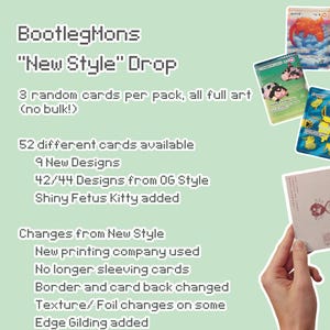 May include: A collection of BootlegMons trading cards featuring full art designs, including a red creature, a green card with small figures, and a blue card with yellow creatures. A hand holds a white card with a small red fish illustration and text.