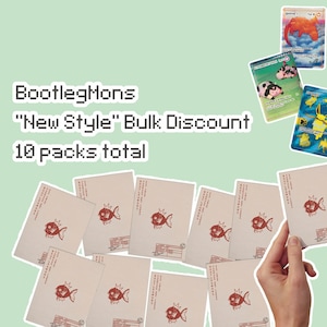 May include: Ten rectangular trading card packs with white envelopes featuring a red fish illustration and text. Three colorful illustrated cards are displayed above. The text reads BootlegMons New Style Bulk Discount 10 packs total.