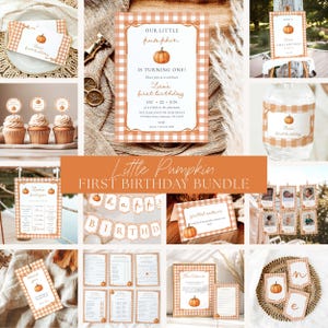 May include: A Little Pumpkin first birthday party stationery bundle featuring orange and white gingham borders, pumpkin illustrations, and text including Our Little Pumpkin is turning one, Lisa's first birthday, and Happy Birthday.