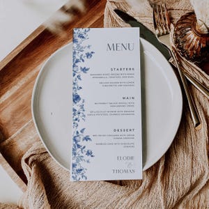 Modèle de menu de mariage en toile bleue, menu du dîner modifiable en toile de Jouy florale, carte de menu de table de réception chinoises, menu grand classique, EL1