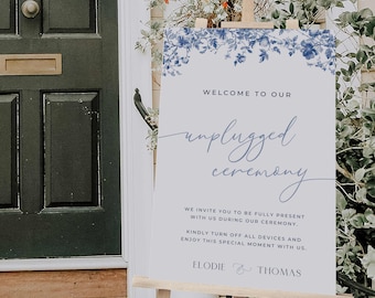 Blue Toile Unplugged Ceremony Welcome Sign Template Canva, Blue Floral Wedding Welcome Sign, Vintage Wedding Printable No Phones Sign, EL1