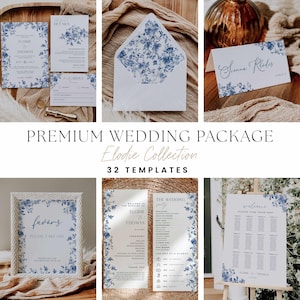 Blue Toile Wedding Reception Bundle Template, Minimal Floral Invitation Bundle, Chinoiserie French Blue Wedding, Table Sign Package DIY, EL1