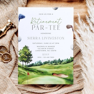 May include: A rectangular retirement party invitation card featuring watercolor illustrations of golf clubs, golf balls, and a green golf course. The text reads: JOIN US FOR A RETIREMENT PAR-TEE HONORING SIERRA LIVINGSTON SATURDAY, JUNE 22 AT 3PM.