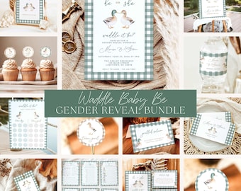 Waddle It Be Gender Reveal Invitation Bundle, Mallard Duck Theme Shower Party Kit, Hunter Green Gingham Duck Hunting Decor Set Template, MD2