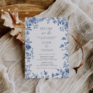 Blue Toile Rehearsal Dinner Invitation, Toile de Jouy Dinner Invite Canva Template, Blue The Night Before Wedding Rehearsal Invite, EL1