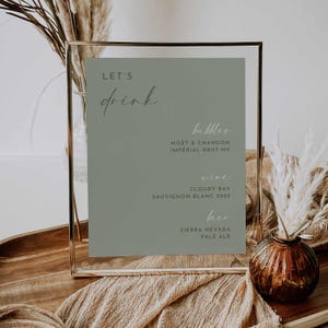 Sage Green Hochzeit Bar Menü Vorlage, Bar Schild Hochzeit Canva Vorlage, bearbeitbares druckbares Getränkemenü Schild, minimale moderne Schrift, HA2