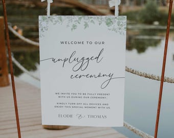 Green Toile Unplugged Ceremony Welcome Sign Template Canva, Sage Floral Wedding Welcome Sign, Vintage Wedding Printable No Phones Sign, EL2
