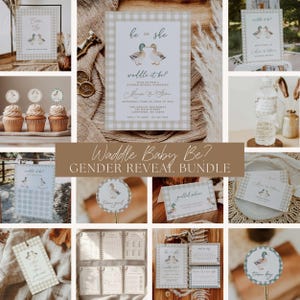 May include: A collection of gender reveal party supplies with a duck theme. The items include invitations, cupcake toppers, signs, and tags. The text "Waddle Baby Be?" and "He or She" are visible. The color scheme is neutral with a gingham pattern.