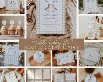 Waddle It Be Gender Reveal Bundle, Mallard Duck Theme Shower Editable Digital Bundle, Gingham Duck Hunting Decor Set Canva Template, MD1