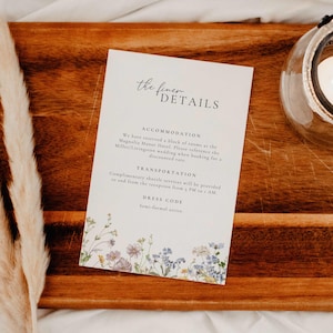 Wildflower Wedding Details Card Template Canva, Reception & Accommodation Details, Floral Enclosure Card, Minimal Invitation Insert, AU1
