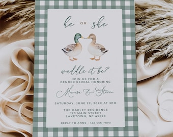 Green Gingham Waddle It Be Gender Reveal Invite, Mallard Duck Gender Reveal Invitation, Duck Hunting Gender Reveal Invite Canva Template MD2