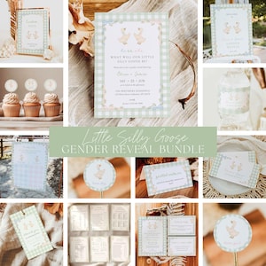 Goose Gender Reveal Party Bundle, Silly Goose Theme Shower Editable Digital Pack, Gingham Goose Gender Reveal Decor Set Canva Template, GS6 image 1