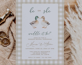 Waddle It Be Gender Reveal Invite, Mallard Duck Gender Reveal Invitation, Gingham Duck Hunting Gender Reveal Invite Canva Template, MD1