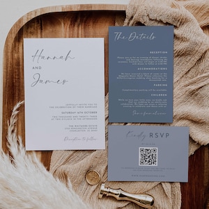May include: A wedding invitation suite with three cards in a neutral colour palette. The main card announces the names "Hannah and James" and the wedding date. The other cards provide details and RSVP information. A gold wax seal and stamp are also present.