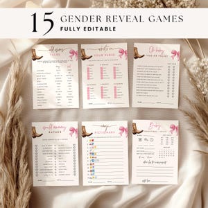 May include: A set of 6 gender reveal games printed on white cardstock. Each card features a pink bow and a cowboy boot graphic. The text "15 GENDER REVEAL GAMES" is at the top. Games include "Old Wives Tales," "What's in Your Purse," and "Baby Predictions."