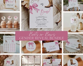 Boots or Bows Gender Reveal Bundle, Pink and Brown Western Theme Shower Editable Digital Bundle, Boy or Girl He or She Canva Template, BB9