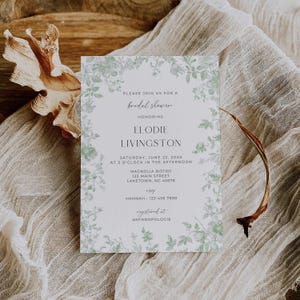 Sage Green Toile Bridal Shower Invitation, Sage Chinoiserie Bridal Shower Invite, Vintage Toile de Jouy Bridal Brunch Invite Template, EL2