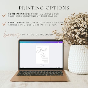 May include: A rose gold laptop displays a wedding invitation design with the names "Marcelle and Liam" in elegant script. The image also shows text about printing options, including home printing and print shop discounts.
