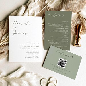 Sage Green Wedding Suite Template, Minimalist Wedding Invitation Bundle with Rsvp Qr Code, Modern Sage Invite Set Digital Download, HA2