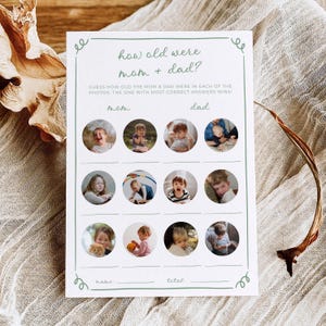 Sage Green How Old Were The Parents To Be Baby Shower Game, Whimsical Wavy Border Guess The Age Template, Baby Shower Guessing Activity, WH2