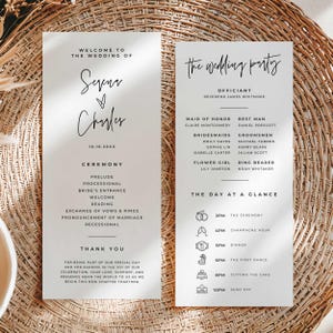 Plantilla de itinerario de boda minimalista, orden de eventos editable, cronograma de recepción infográfico moderno, plantilla de Canva para tarjeta de programa, SE1