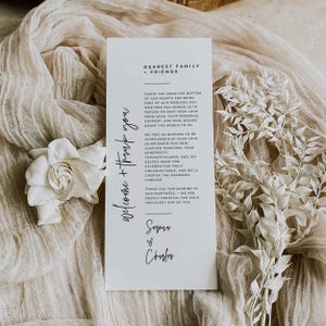 Mot de bienvenue et remerciement moderne, lettre de remerciement pour la mise en place de la table, cartes de table de bienvenue et de remerciement pour mariage, mot de bienvenue pour la réception, SE1