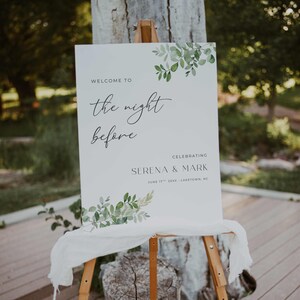 Greenery Rehearsal Dinner Welcome Sign Canva Template, The Night Before Welcome Sign, Eucalyptus Rehearsal Dinner Welcome Sign, GR2