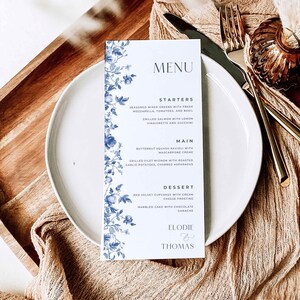 Blue Toile Wedding Menu Template, Floral Toile de Jouy Editable Dinner Menu, Chinoiserie Reception Table Menu Card, Classic Tall Menu, EL1