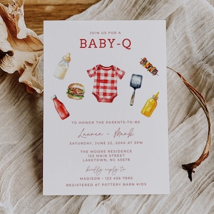 Invito per baby shower Baby-Q, invito per coppie in giardino Baby Q con granelli di zucchero, modello Canva per baby shower con barbecue, invito per baby shower con barbecue, MI8