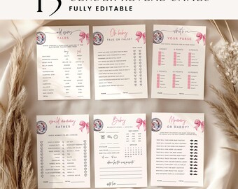 Puede incluir: Un conjunto de 15 juegos de revelación de género totalmente editables, con diseños florales y lazos. Los juegos incluyen "Old Wives Tales", "Oh Baby", "What's in Your Purse", "Would Mommy Rather", "Baby Predictions" y "Mommy or Daddy?"