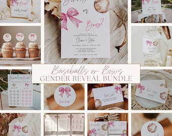 Baseballs or Bows Gender Reveal Bundle, Pink and Brown Baseball Theme Shower Editable Digital Bundle, Boy or Girl Party Canva Template, FS1A