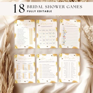 Puede incluir: Un conjunto de 18 juegos para despedida de soltera con temática de abejas y panales. Los juegos están impresos en papel color crema con detalles florales amarillos. El texto "18 Bridal Shower Games Fully Editable" está en la parte superior.