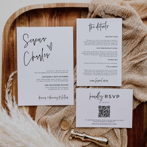Minimalistische huwelijksuitnodigingbundel QR-code, moderne uitnodigingssuite, minimale uitnodigingssjabloonset, elegante online RSVP, detailkaart, SE1