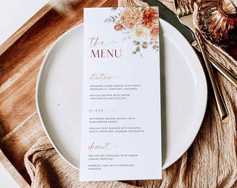 Menukaartsjabloon met herfstbloemen (Canva), menukaart voor een bruidsdouche met herfstthema, menukaart voor een evenement, menukaart voor een herfstbruiloft (FF2)