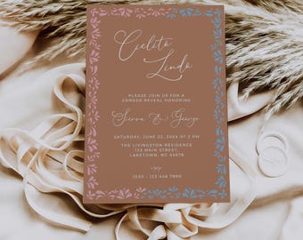 Cielito Lindo Gender Reveal Einladung, Rosa Blau Talavera Gender Reveal Invite Bearbeitbare Canva-Vorlage, Papel Picado Baby Reveal Invite CL4