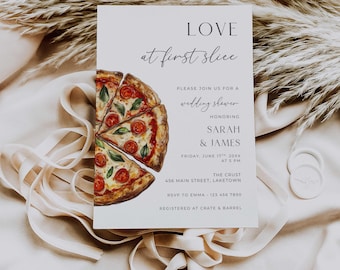 Love at First Slice Wedding Shower Invitation Canva Template, Love and Pizza Couples Shower, Printable Pizza Bridal Shower Invite, CR2