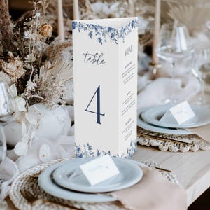 Blue Toile Wedding Trifold Table Number, Printable Chinoiserie Triangle Table Stand, Regency Toile de Jouy Tri Fold Table Sign Menu, EL1