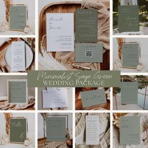 Op de afbeelding: Een verzameling saliegroene trouwbriefpapier, waaronder uitnodigingen, RSVP-kaarten, menu's en bewegwijzering. Het ontwerp heeft minimalistische typografie en elegante lay-outs. De tekst "Minimalist Sage Green Wedding Package" wordt weergegeven.