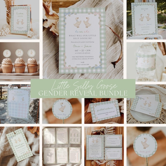 Goose Gender Reveal Party Bundle, Silly Goose Theme Shower Editable Digital Pack, Gingham Goose Gender Reveal Decor Set Canva Template, GS6