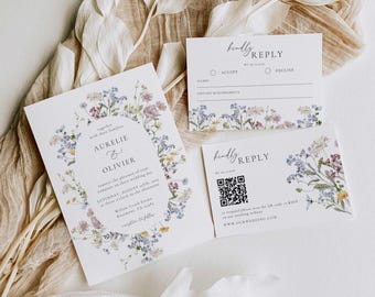 Summer Wildflower Wedding Invitation Set, Whimsical Floral Invitation Suite Template, Field Flowers Wedding Invite QR Code Bundle, AU1