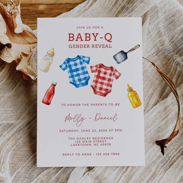 Baby-Q Gender Reveal Party Invitation Template, Backyard Gender Reveal Invite, He or She BBQ, Summer BBQ Gender Reveal Party Invite, MI8